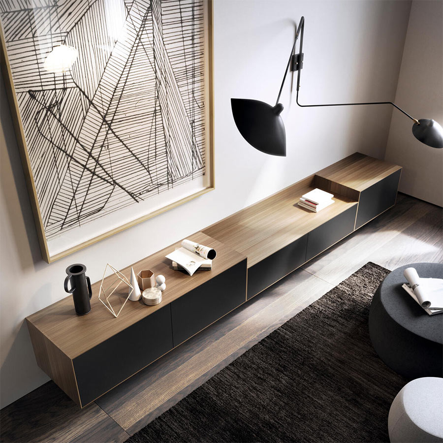 Plano cenital del Mueble TV Lauki, acabado roble orgánico y lacado grafito