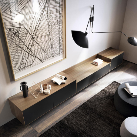 Plano cenital del Mueble TV Lauki, acabado roble orgánico y lacado grafito