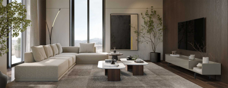 Ambiente de salón con mueble TV Sottile en lacado alto brillo