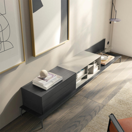 Plano cenital del Mueble TV Lauki 3 de Treku, acabado Madera Kai Black y lacado visón