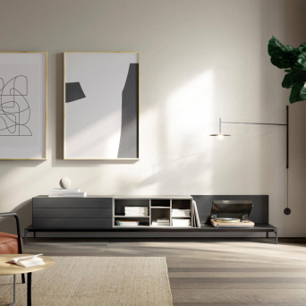 Mueble TV Lauki 3, fabricado en chapa de madera natural y DM lacado con pies metálicos 2