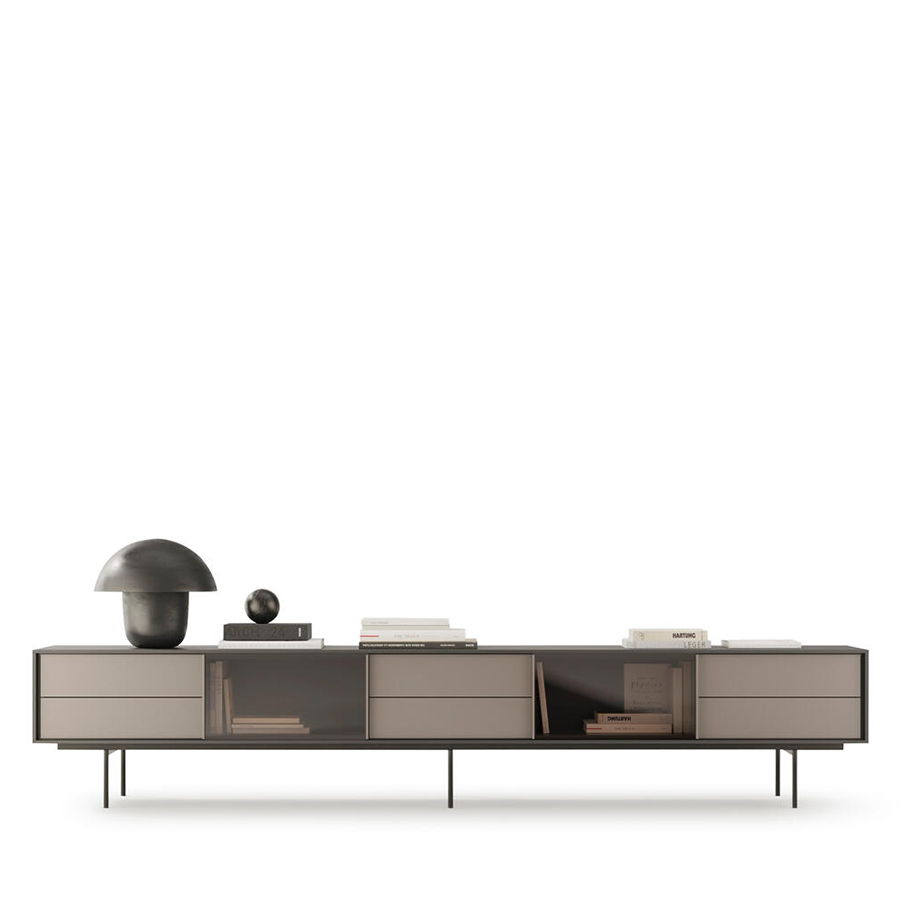 Aparador Aura 22 de Treku, con 3 módulos de dos cajones, 2 módulos diáfanos y 2 puertas correderas de cristal