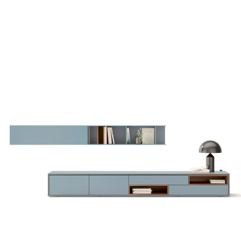 Salón Aura 6 de Treku, acabado lacado ocean y nogal