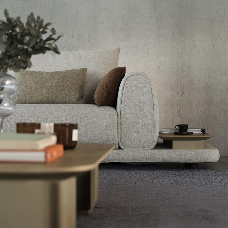 Chaiselongue MK. 1991 de la firma Moorki, tapizado en acabado rivera 02 y vista detalle frontal del brazo.