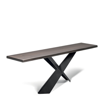 Consola Terminal de Cattelan Italia, con base en acero barnizado gofrado y tapa de madera maciza