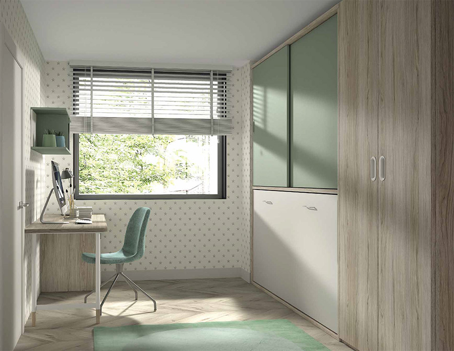 Dormitorio juvenil F-252 con cama abatible horizontal con puertas correderas, armario de dos puertas y escritorio con cajones