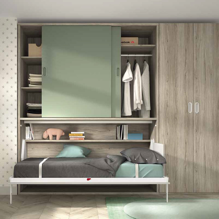 Dormitorio juvenil F-252 con cama abatible horizontal con puertas correderas y armario de dos puertas