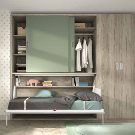 Dormitorio juvenil F-252 con cama abatible horizontal con puertas correderas y armario de dos puertas