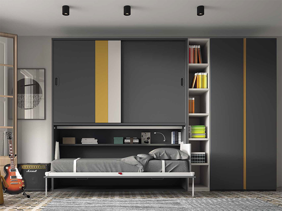 Dormitorio juvenil con cama abatible horizontal fabricado en melamina, en color antracita, camel y blanco