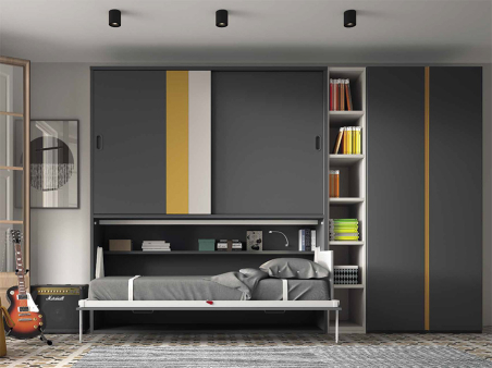 Dormitorio juvenil con cama abatible horizontal fabricado en melamina, en color antracita, camel y blanco