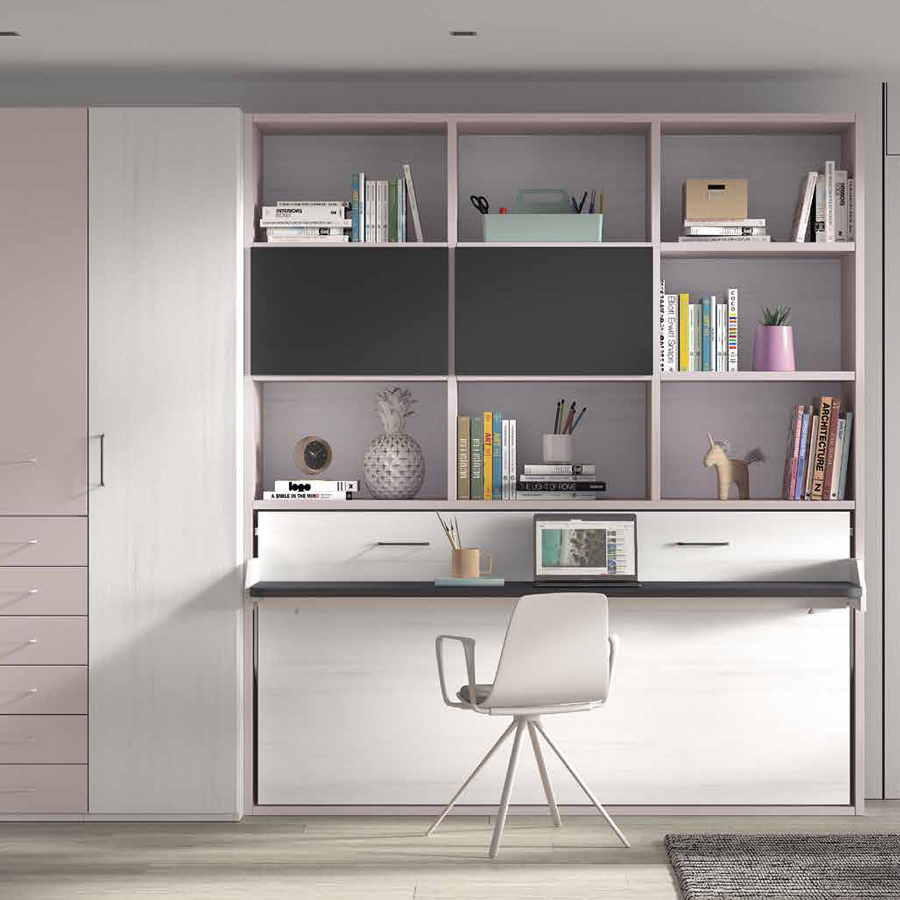 Dormitorio juvenil F-253 con cama abatible horizontal, escritorio, armario y estanterías