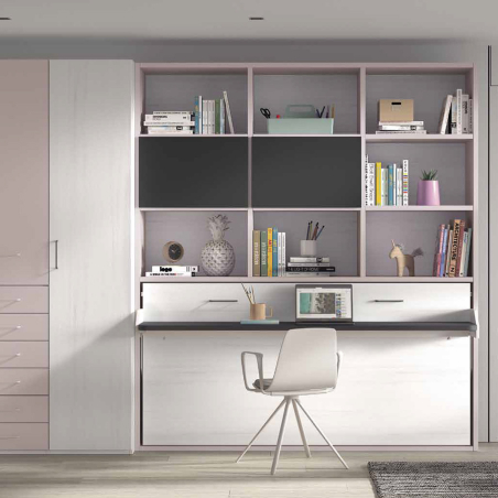 Dormitorio juvenil F-253 con cama abatible horizontal, escritorio, armario y estanterías