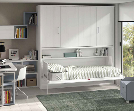 Dormitorio juvenil F-256 con cama abatible horizontal, fabricado en melamina color tiza en combinación con azul claro