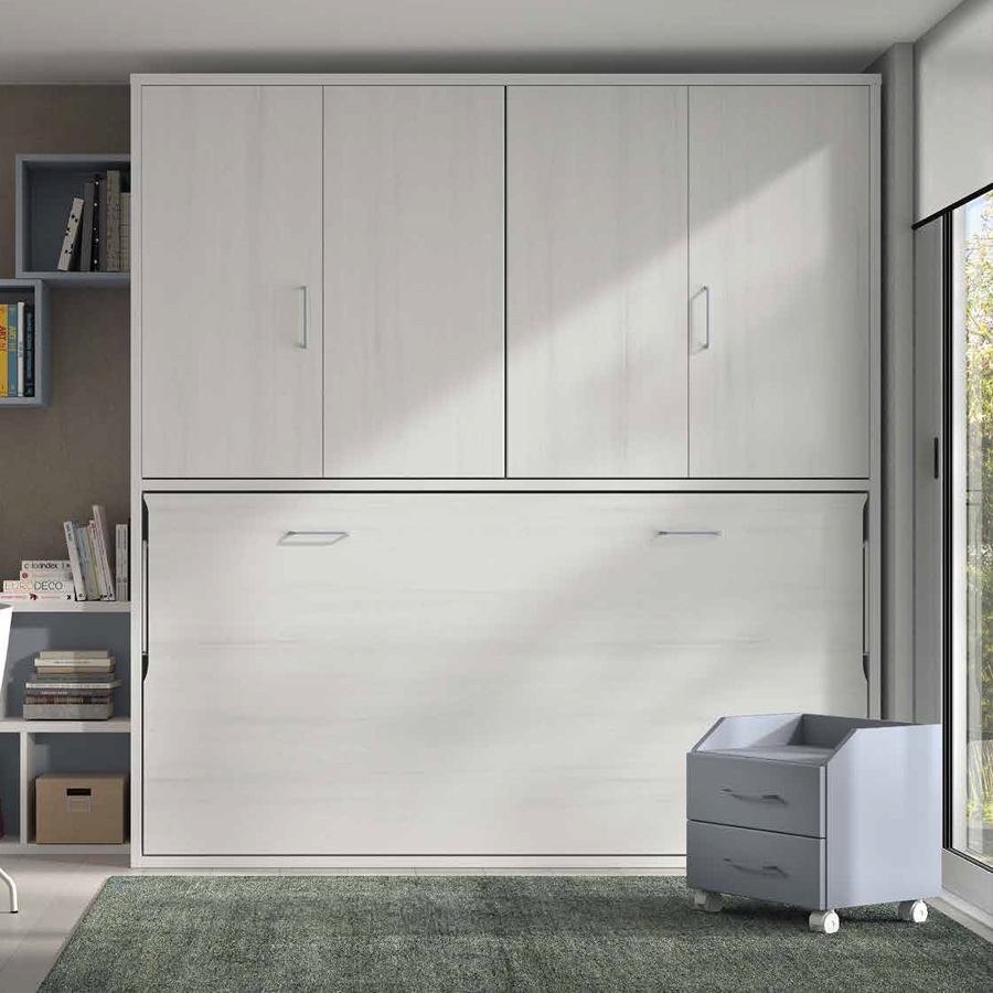 Dormitorio juvenil F-256 con cama abatible con puertas plegables, zona de estudio y estanterías