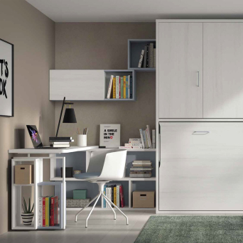 Dormitorio juvenil F-256 con cama abatible con puertas plegables, zona de estudio y estanterías 2