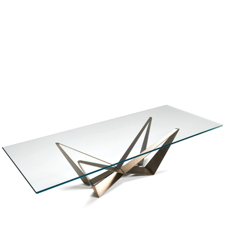 Mesa Skorpio de Cattelan Italia, estructura brushed bronze y tapa cristal