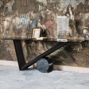 Consola Valentino de Cattelan Italia, con base en madera y tapa en cristal transparente