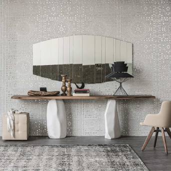 Consola Rapa Nui de Cattelan Italia, con base de cemento blanco y tapa de madera maciza