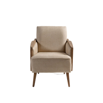 Vista frontal del Sillón tapizado en lino natural con patas de roble de Crisal Decoración