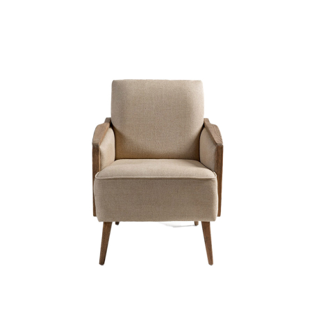 Vista frontal del Sillón tapizado en lino natural con patas de roble de Crisal Decoración