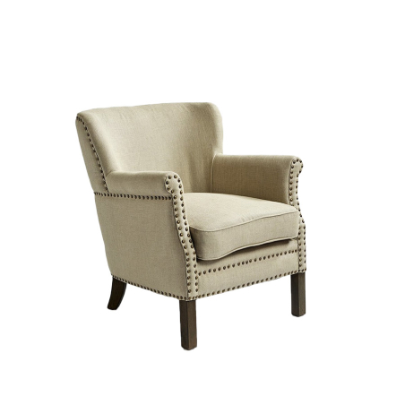 Sillón tapizado lino beige con tachuelas de color cobre y patas de madera oscuro, de Crisal Decoración