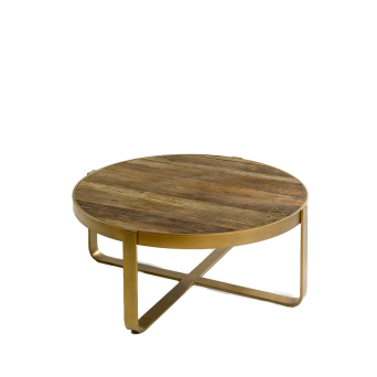 Mesa auxiliar dorada y olmo, de Crisal Decoración, con patas en forma de aspa