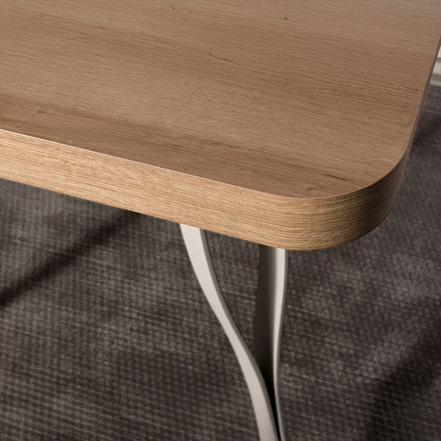 Mesa rectangular extensible de la marca Pemi Mobiliario en acabado roble y vista detalle de la tapa.