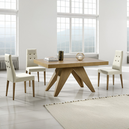 Mesa extensible rectangular Bou de la marca Pemi con tapa en chapa de roble y vista de ambiente en versión cerrada.