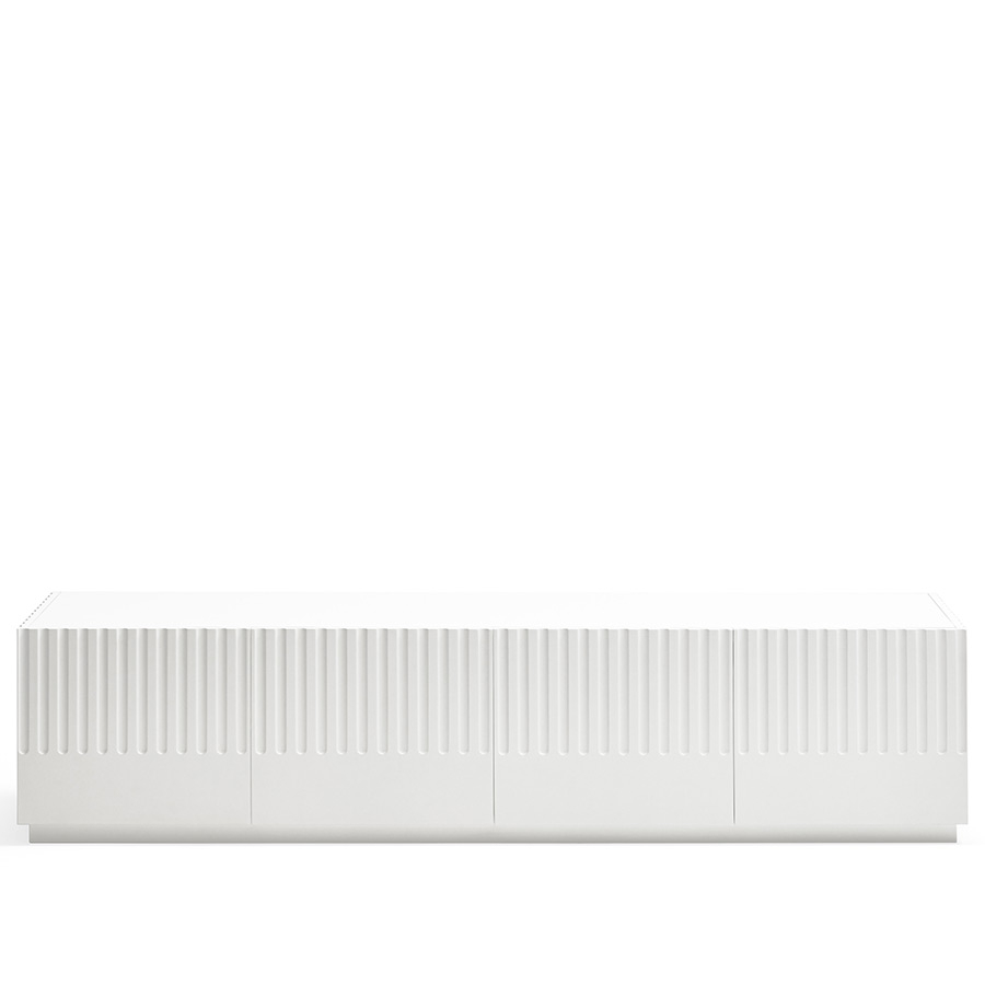 Vista frontal del Mueble TV Doric de Teulat, acabado blanco y con surcos verticales