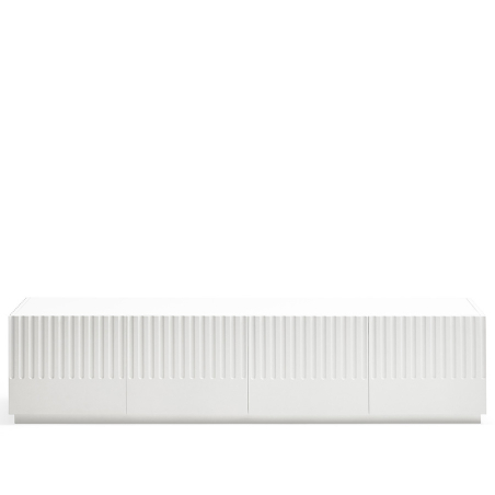 Vista frontal del Mueble TV Doric de Teulat, acabado blanco y con surcos verticales