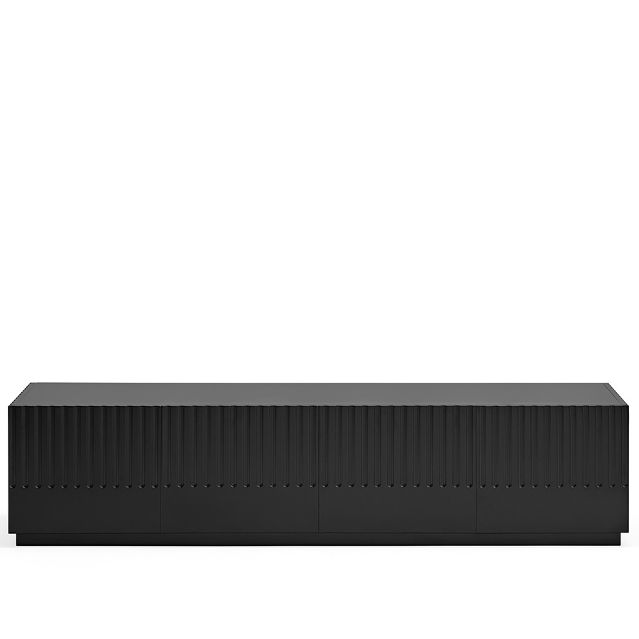 Vista frontal del Mueble TV Doric de Teulat, acabado negro y con surcos verticales