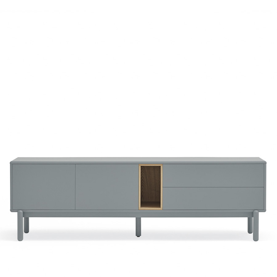 Vista frontal del Mueble TV Corvo de Teulat, acabado gris perla
