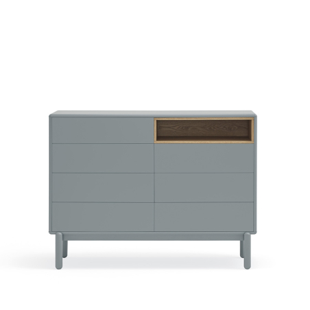 Cómoda Corvo de Teulat, en MDF lacado acabado gris perla y chapa de roble