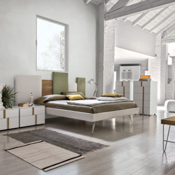 Cama Skyline Evergreen de la firma italiana Tomasella con somier vaschetta en acabado Selfie.