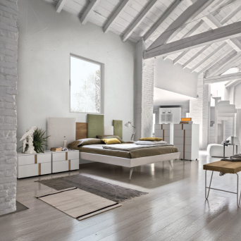 Cama Skyline Evergreen de la firma italiana Tomasella con somier vaschetta en acabado Selfie. 2