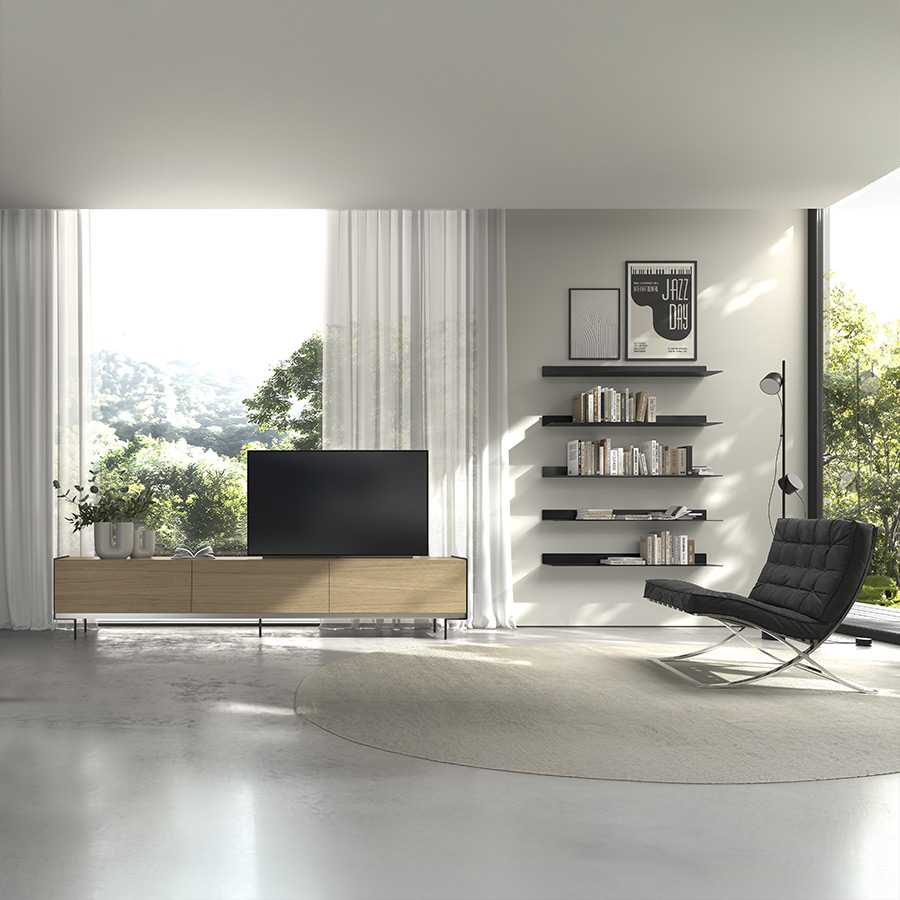 Mueble de TV Aliss de la firma nacional Loyra en vista de ambiente.