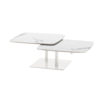 Mesa de centro orbital de la firma italiana Target Point, en acabado sobre carrara y patas blanco.