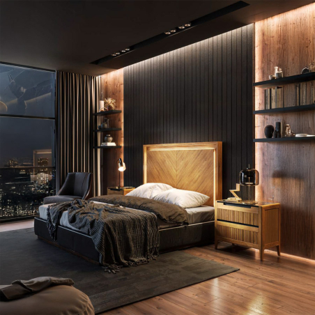 Dormitorio Tallín 15 de la marca Grupo Seys en acabados roble, negro humo y saint laurent lux.