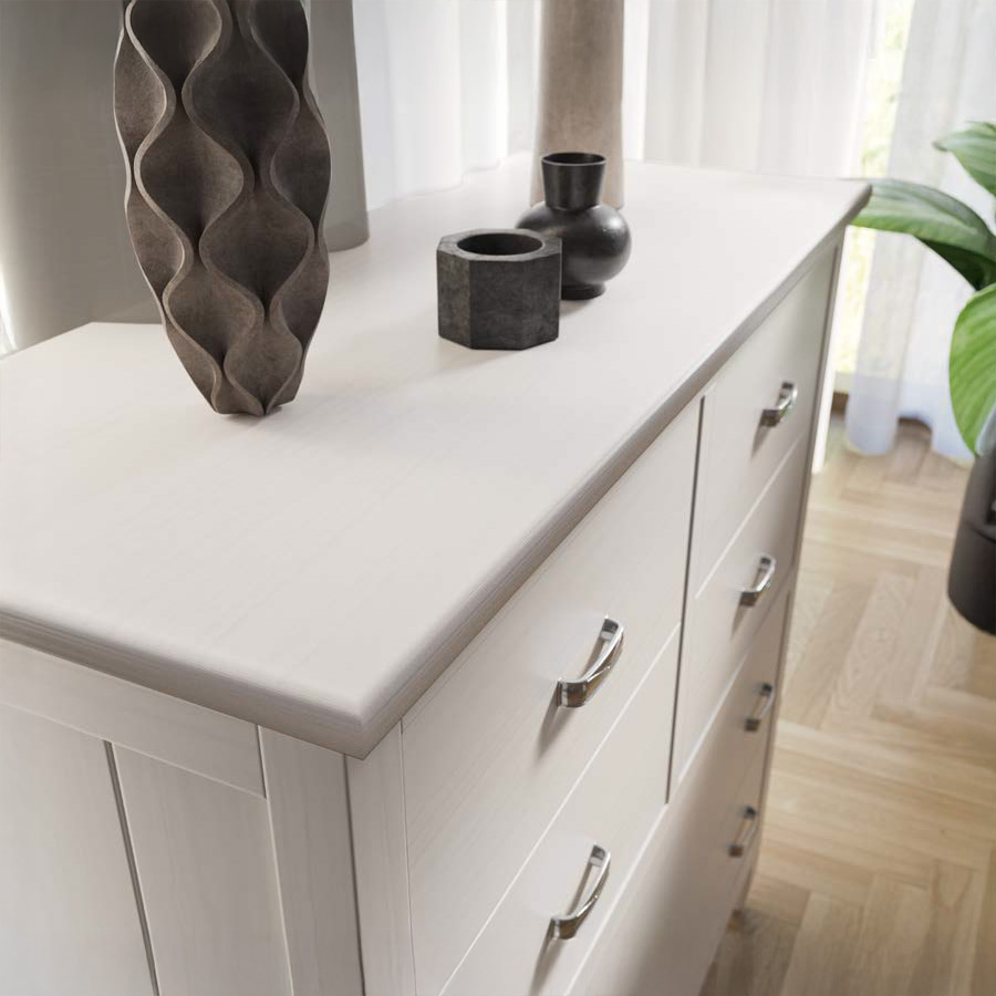 Cómoda Amberes de madera maciza de Grupo Seys, en acabado Blanco Decapé y vista detalle.