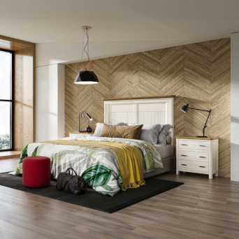 Dormitorio Cerdeña 82 de la marca Grupo Seys, fabricado en madera maciza y en acabados avena y blanco albo.