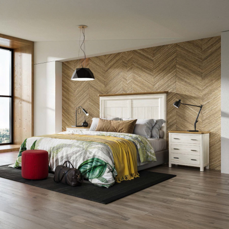 Dormitorio Cerdeña 82 de la marca Grupo Seys, fabricado en madera maciza y en acabados avena y blanco albo.