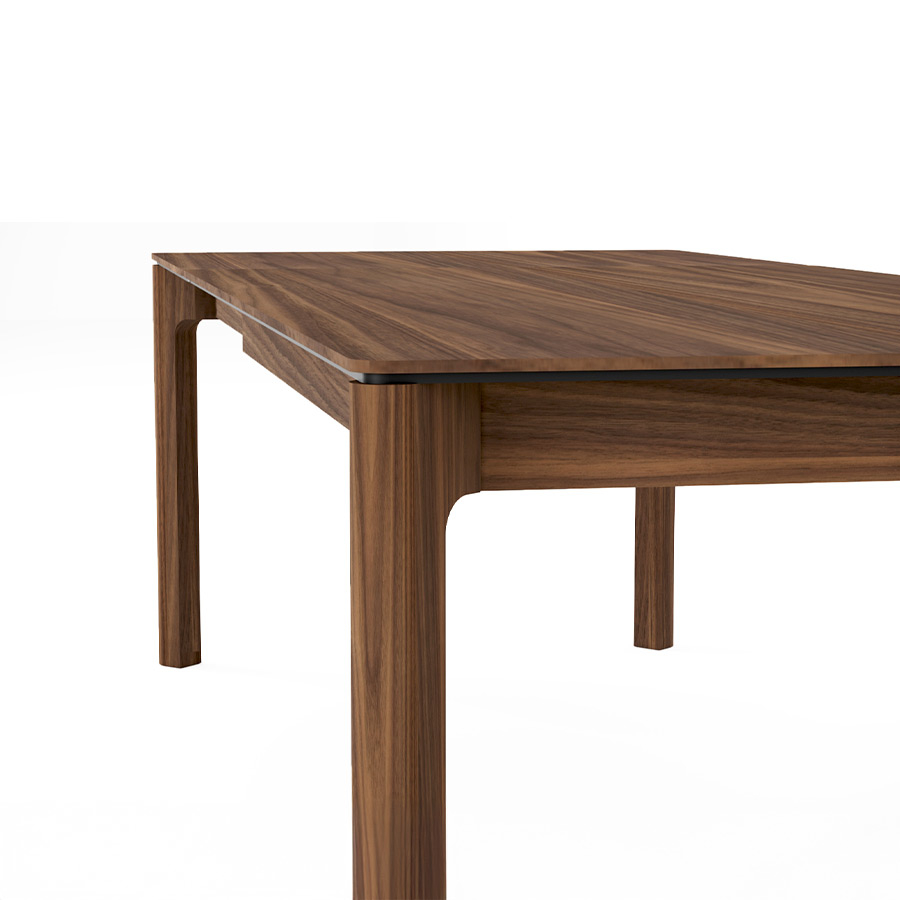 Mesa extensible Bowie de Tabula en acabado nogal y vista detalle