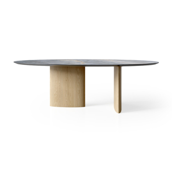 Mesa Olive con tapa de porcelánico ovalada y patas en roble 2