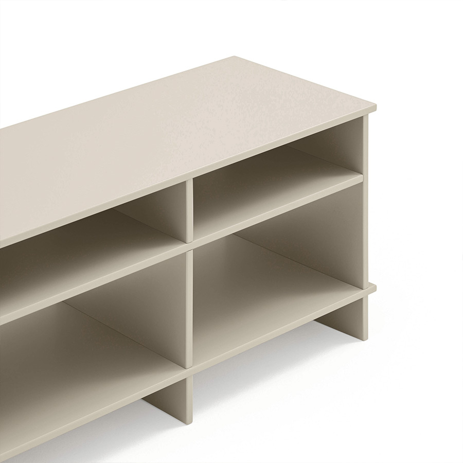 Mueble TV Inari de la firma valenciana Teulat en acabado arena y vista detalle.