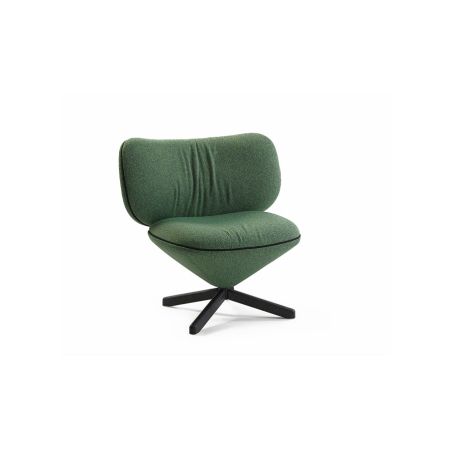 Butaca Tortuga Mini de la firma Sancal, con pie central de 4 aspas y tapizado en verde.