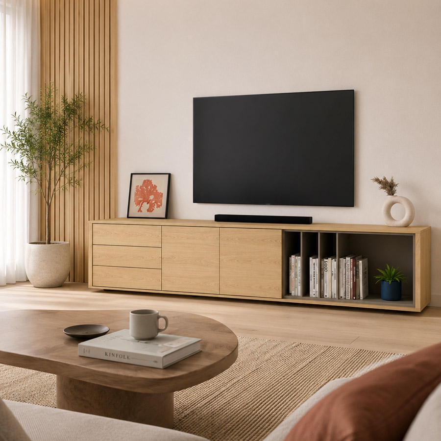 Mueble TV New Moss 2 de Loyra Time de estilo contemporáneo en madera natural y detalles lacados sin patas.
