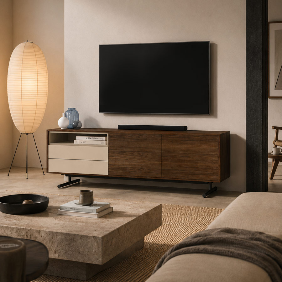 Mueble TV New Moss 8 de Loyra Time en salón decorado estilo japandi con tonos neutros, materiales naturales y ambiente cálido.