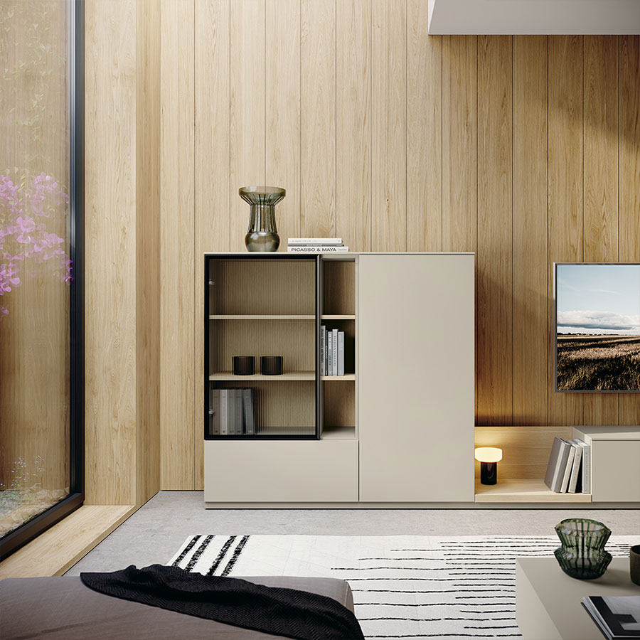 Detalle del módulo con cajón doble, con estantería con puerta de cristal acanalado y estantes del Salón Way 1 de  Antaix