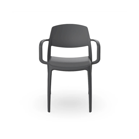 Silla con reposabrazos apilable de color gris oscuro de la firma Resol.