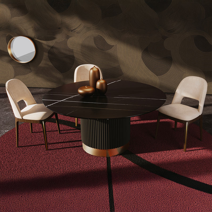 Mesa Dobos con pie central en vista de ambiente con sillas modelo Rose Chair.